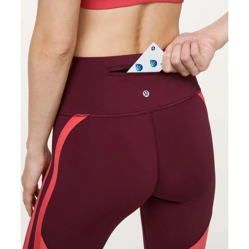 Lululemon Zip The Line Crop Leggings *23 in Deep Ruby / Poppy Coral